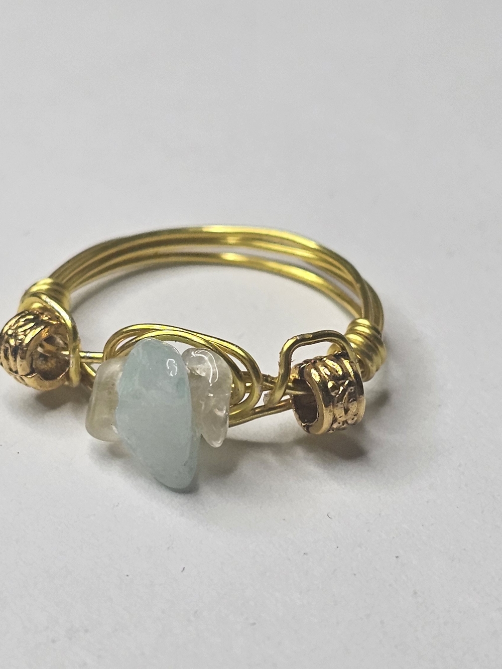 Gold Wire Wrapped Sea Glass Ring — Aquamarine Stone - Picture 4 of 8